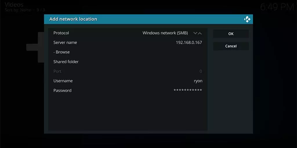 To finish the Easy Kodi SMB Setup, enter the source's IP address and user credentials into the fields and select OK.