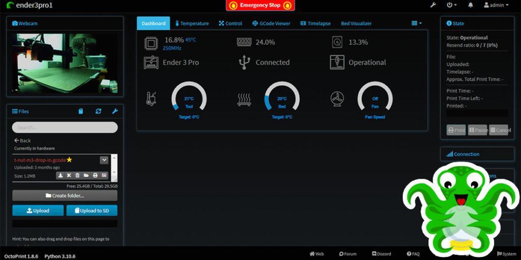 OctoPrint UI shows a completed OctoPrint Setup on Ender 3