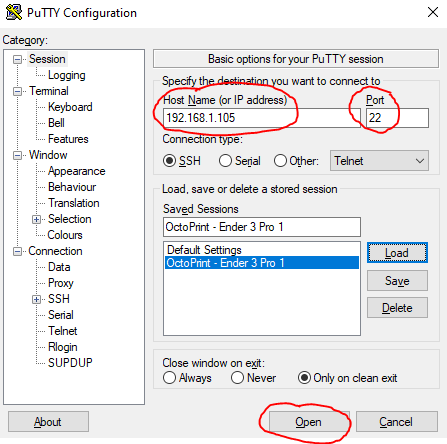 Create an SSH session through putty to begin the OctoPrint setup.