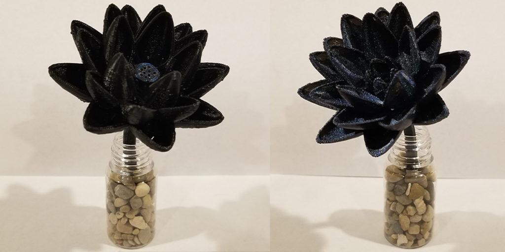 Two different MTG Black Lotus display pieces made of 3D printed parts and common household items