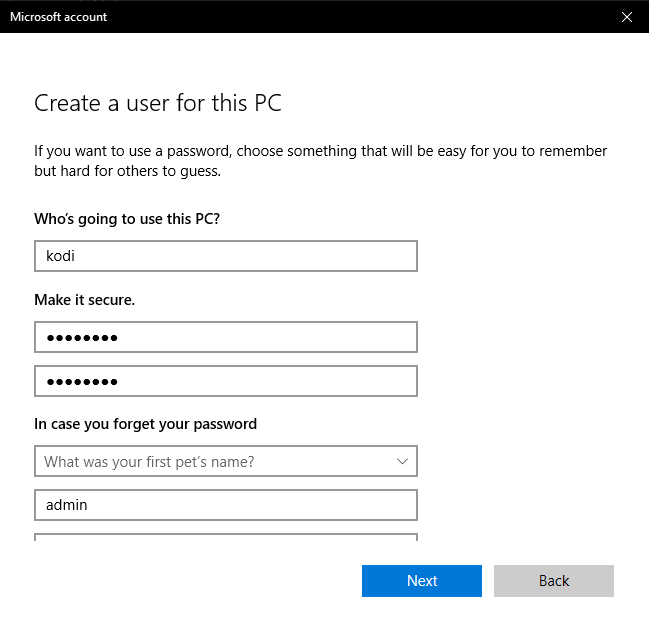 The final step to create new user windows 10 is to fill out your account's username, password and questions/answers.
