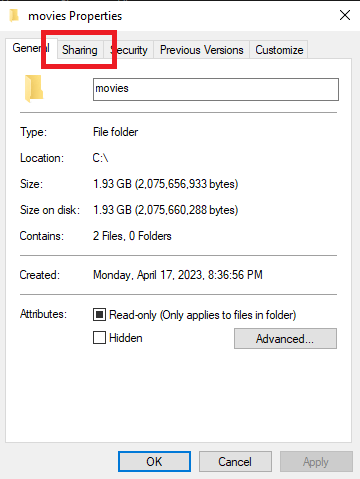 The next step to setup SMB file share on Windows is to navigate to the sharing tab on the folder's properties window.