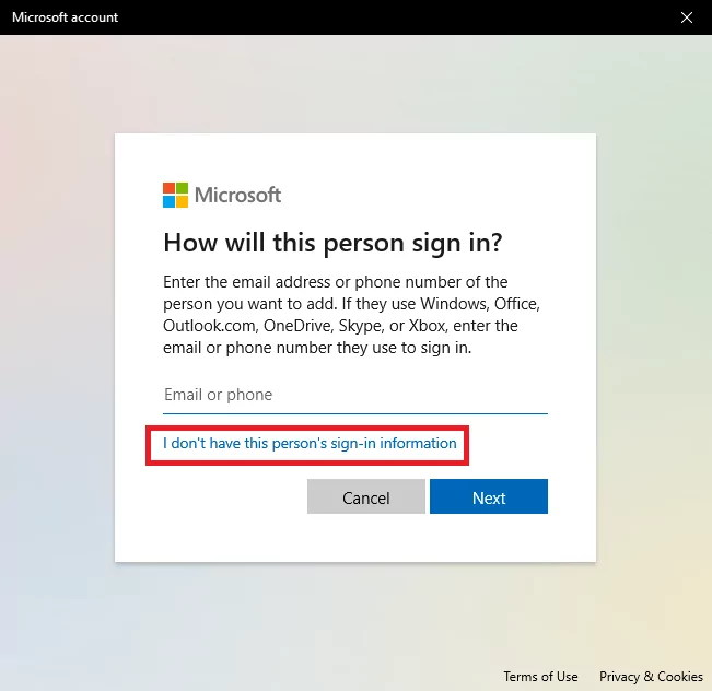 The next step to create new user windows 10, you will be prompted to sign in with a Microsoft Account. Instead, click on I don't have this person's sign-in information.