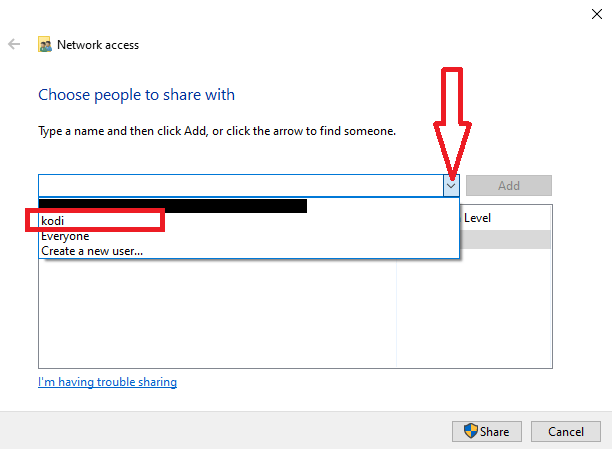 Continue to setup SMB file share on Windows by clicking on the dropdown bar and selecting your user (my user is "kodi")