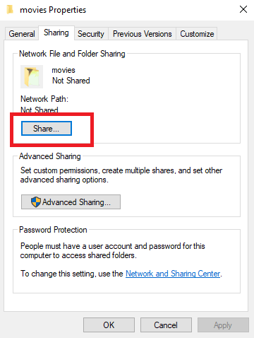 Next, continue to setup SMB file share on Windows by clicking the Share... button.