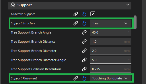 The support settings to use in Cura for printing the Black Lotus flower