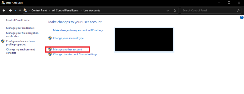 The first step to create new user windows 10 is to go to Control Panel, then User Accounts and click on Manage Another Account.