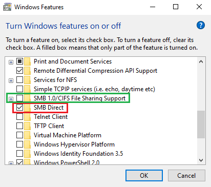 The final step to setup SMB file share on Windows is find SMB Direct and make sure the checkbox is checked.