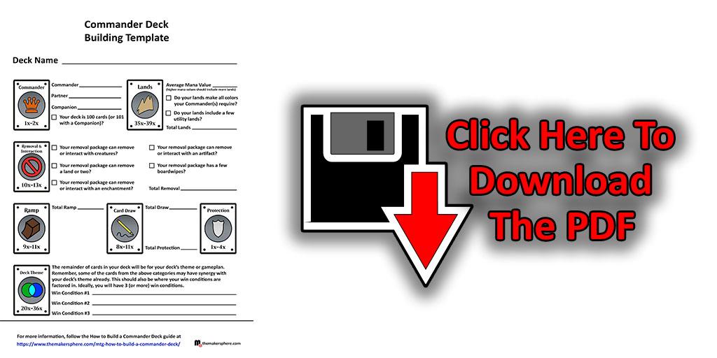 Image of the commander deck building template with a download icon along with the text 'Click Here To Download The PDF'.