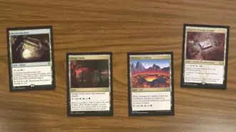 4 MTG 3 color lands. 4 of the tri color lands MTG printed in Jund colors. Murmuring Bosk, Savage Lands, Darigaaz's Lair, and Ziatora's Proving Ground