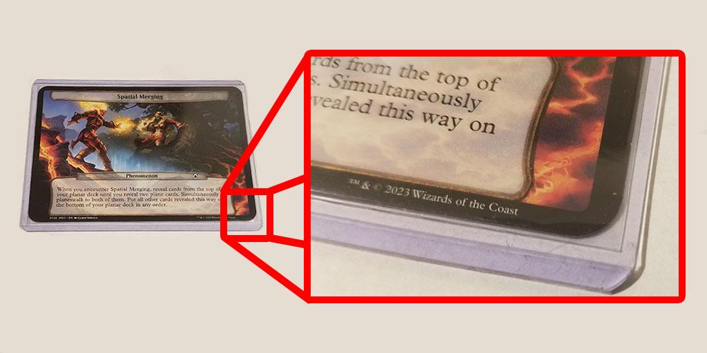 A top loader and an MTG oversized sleeve, zoomed in to show the spacing of everything. A perfect Planechase sleeves solution