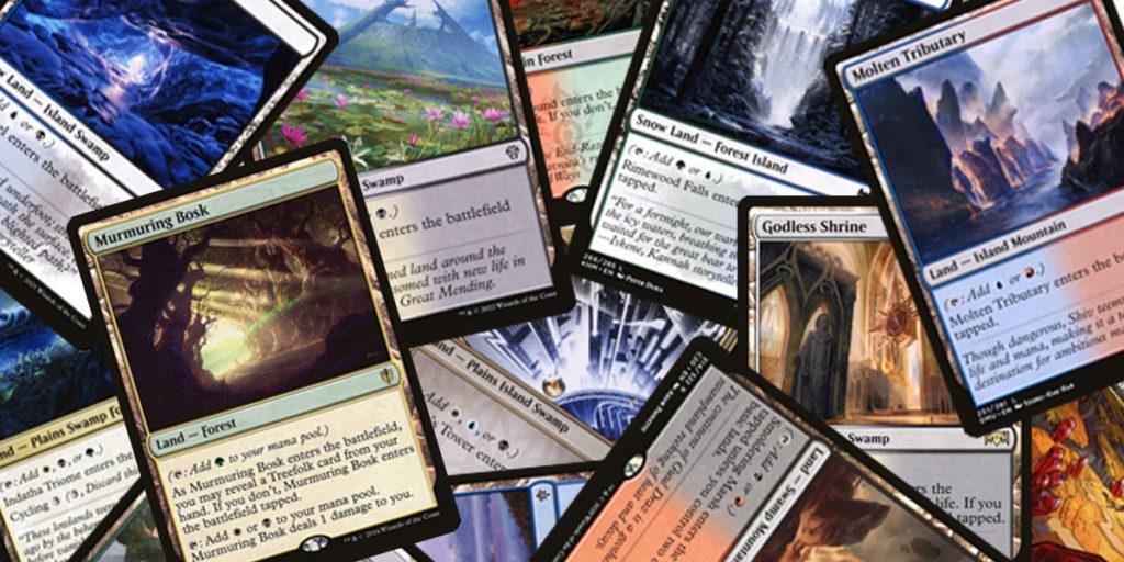 A collection of MTG fetchable lands scattered about