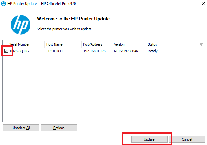A screenshot of the old version of the HP Printer Update software being used to downgrade the firmware to apply the Non HP Chip Detected fix.