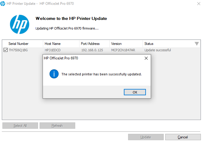 A screenshot of the old version of the HP Printer Update software after successfully updating the firmware to an older version to apply the Non HP Chip Detected fix.