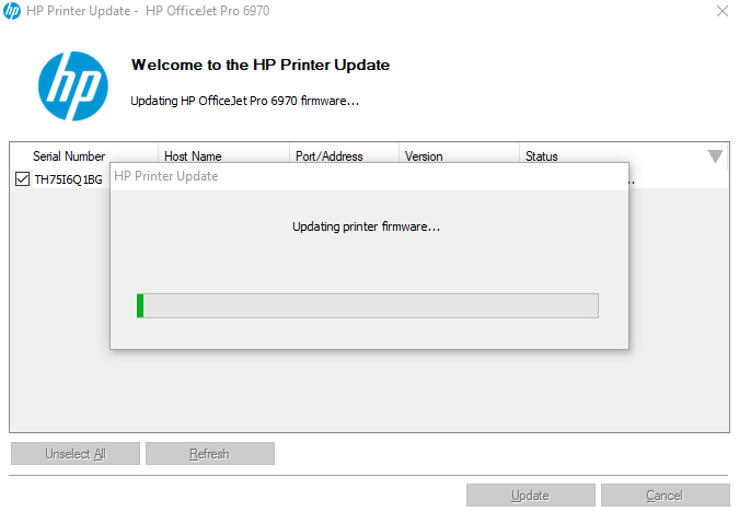 A screenshot of the old version of the HP Printer Update software updating the firmware to an older version to apply the Non HP Chip Detected fix.