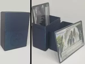 Showing a great 3D printed MTG deck box for Planechase cards. Shown is the deck box with the top on, and the deck box open with a Planechase card next to it.