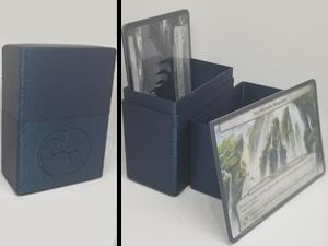 Showing a great 3D printed MTG deck box for Planechase cards. Shown is the deck box with the top on, and the deck box open with a Planechase card next to it.