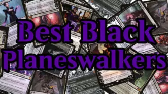 A collection of the best black Planeswalkers in a collage with the text 'Best Black Planeswalkers' over it, in purple