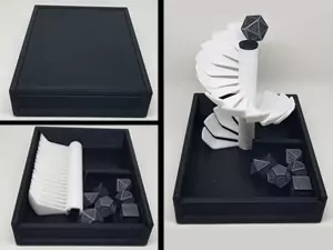 In terms of cool MTG accessories you can 3D print, a collapsible and small dice tower is an excellent choice. Shown here is the collapsible dice tower, sealed up, top lid off and then fully assembled.