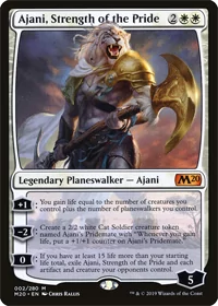 Card image of Ajani, Strength of the Pride. #1 on the list of best white Planeswalkers for +1/+1 decks.