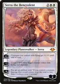 Card image of Serra the Benevolent. #3 on the list of best white Planeswalkers for token decks.