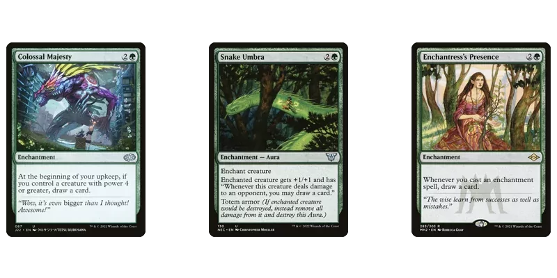 3 of the best green card draw MTG has printed as abilities on artifacts & enchantments under budget. Colossal Majesty, Snake Umbra & Enchantress's Presence