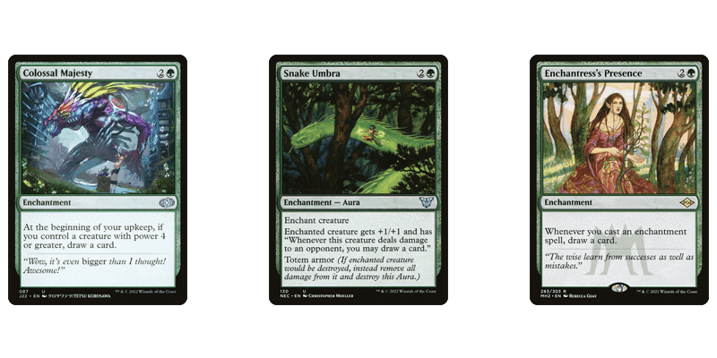 3 of the best green card draw MTG has printed as abilities on artifacts & enchantments under budget. Colossal Majesty, Snake Umbra & Enchantress's Presence