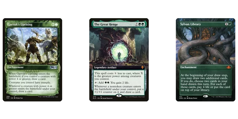3 of the best green card draw MTG has printed as abilities on artifacts & enchantments under non-budget. Garruk's Uprising, The Great Henge & Sylvan Library