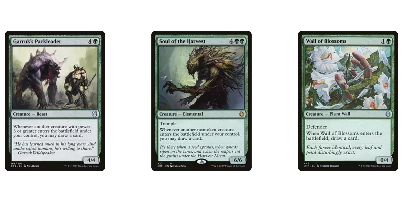 3 of the best green card draw MTG has printed as abilities on creatures under budget. Garruk's Packleader, Soul of the Harvest & Wall of Blossoms
