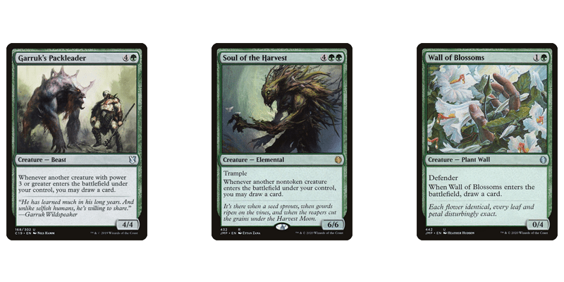 3 of the best green card draw MTG has printed as abilities on creatures under budget. Garruk's Packleader, Soul of the Harvest & Wall of Blossoms