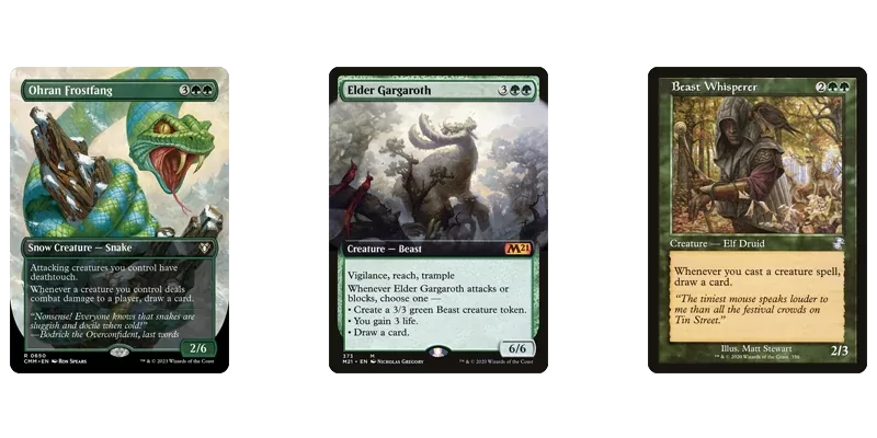 3 of the best green card draw MTG has printed as abilities on creatures under non-budget. Ohran Frostfang, Elder Gargaroth & Beast Whisperer