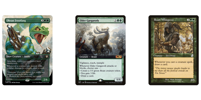 3 of the best green card draw MTG has printed as abilities on creatures under non-budget. Ohran Frostfang, Elder Gargaroth & Beast Whisperer