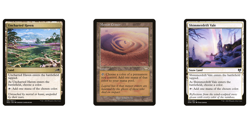 3 of the best MTG 5 color lands in the choose a color section pictured: Uncharted Haven, Meteor Crater & Shimmerdrift Vale