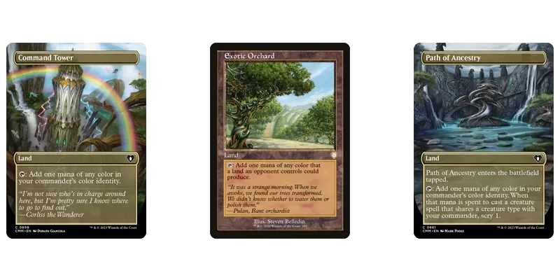 3 of the best MTG 5 color lands in the commander section pictured: Command Tower, Exotic Orchard & Path of Ancestry