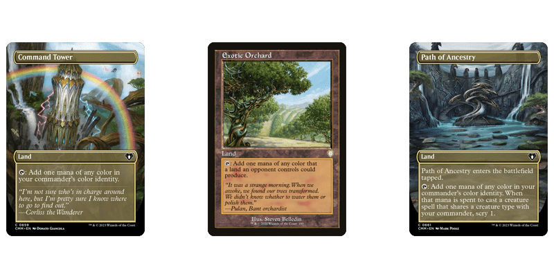 3 of the best MTG 5 color lands in the commander section pictured: Command Tower, Exotic Orchard & Path of Ancestry