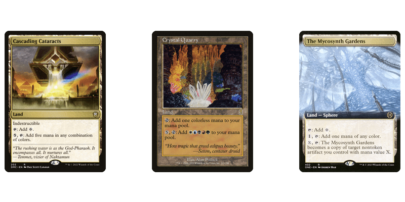 3 of the best MTG 5 color lands in the filter lands section pictured: Cascading Cataracts, Crystal Quarry & The Mycosynth Gardens