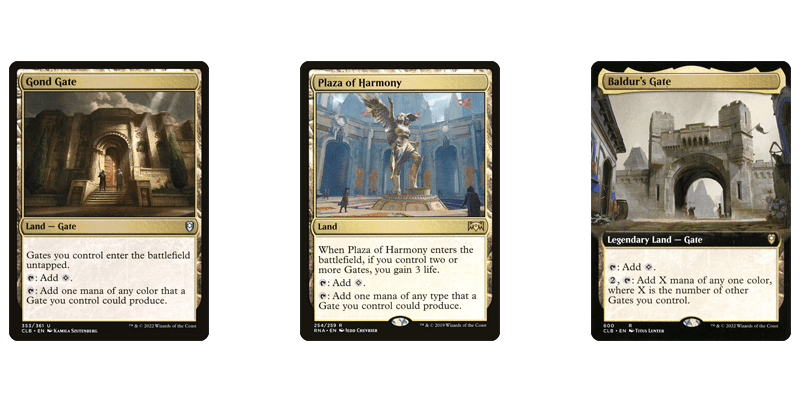 3 of the best MTG 5 color lands in the gates section pictured: Gond Gate, Plaza of Harmony & Baldur's Gate