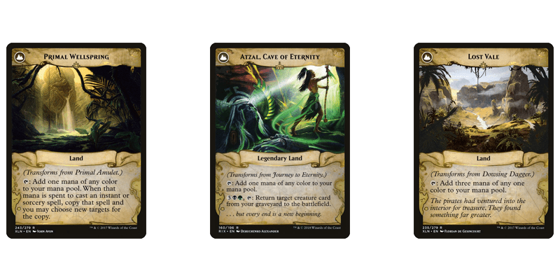 3 of the best MTG 5 color lands in the Ixalan flip lands section pictured: Primal Wellspring, Atzal, Cave of Eternity & Lost Vale