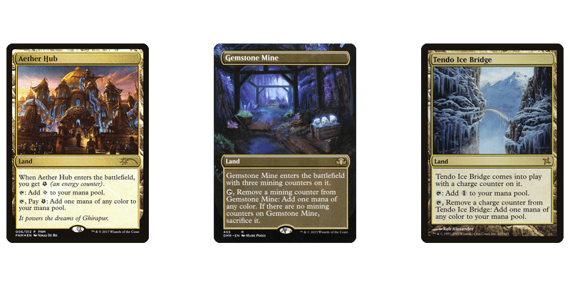 3 of the best MTG 5 color lands in the limited use section pictured: Aether Hub, Gemstone Mine & Tendo Ice Bridge