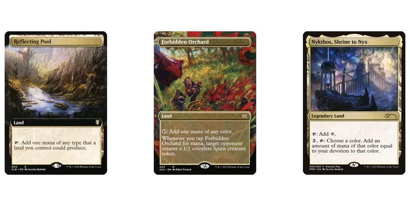 3 of the best MTG 5 color lands in the 'other lands' section pictured: Reflecting Pool, Forbidden Orchard & Nykthos, Shrine to Nyx