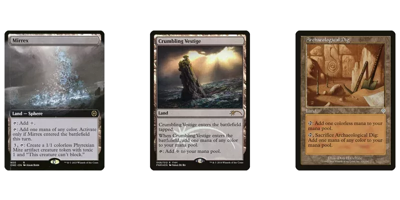 3 of the best MTG 5 color lands in the single use section pictured: Mirrex, Crumbling Vestige & Archaeological Dig