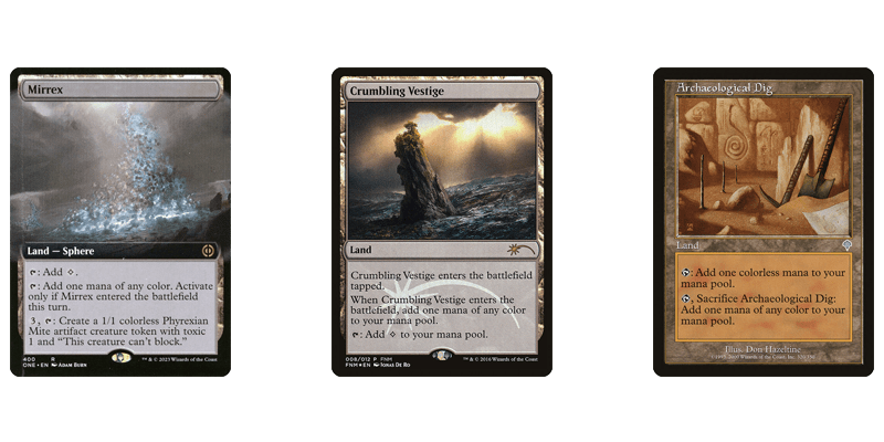 3 of the best MTG 5 color lands in the single use section pictured: Mirrex, Crumbling Vestige & Archaeological Dig