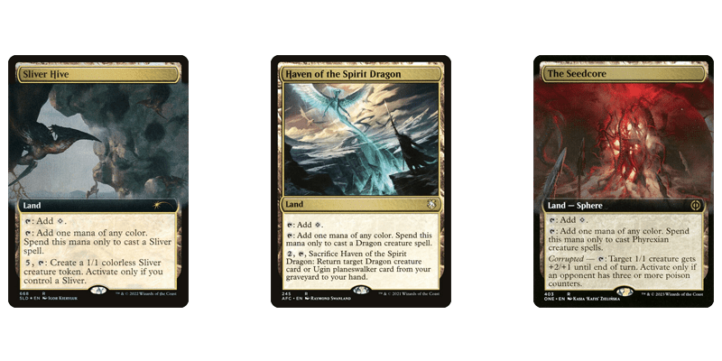 3 of the best MTG 5 color lands in the tribal section pictured: Sliver Hive, Haven of the Spirit Dragon & The Seedcore