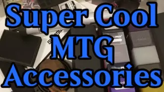 A collection of the best MTG accessories laid out in the background with the text 'Super Cool MTG Accessories' over it, in blue text