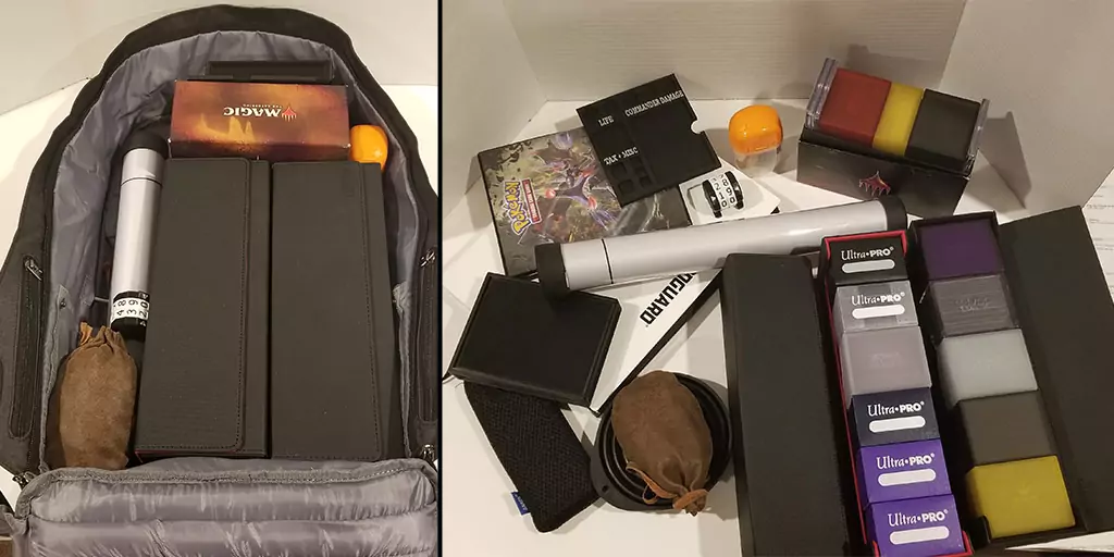 Shows everything inside my MTG backpack and then show everything all laid out, outside of the trading card backpack.
