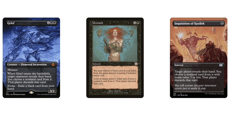 3 black enchantment removal spells for forcing opponent to discard an enchantment: Grief, Unmask & Inquisition of Kozilek