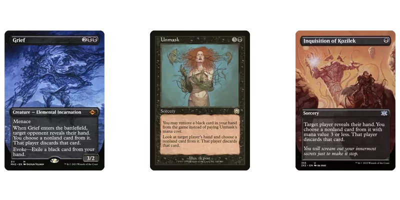 3 black enchantment removal spells for forcing opponent to discard an enchantment: Grief, Unmask & Inquisition of Kozilek