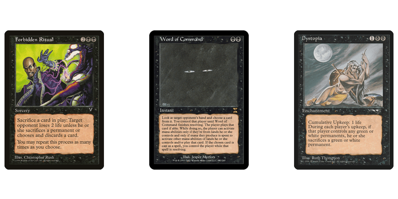 3 black enchantment removal spells to use from the reserved list: Forbidden Ritual, Word of Command & Dystopia