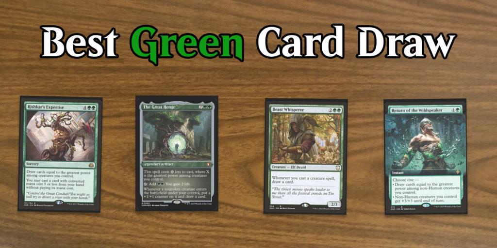 4 of the best MTG green card draw spells ever printed: Rishkar's Expertise, The Great Henge, Beast Whisperer & Return of the Wildspeaker