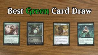 Image shows the text 'Best Green Card Draw' and the 4 following cards: Rishkar's Expertise, The Great Henge, Beast Whisperer & Return of the Wildspeaker.
